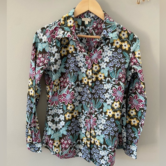 Talbots Botanical Turquoise Green Long Sleeve Lightweight Cotton Blouse - Picture 2 of 5